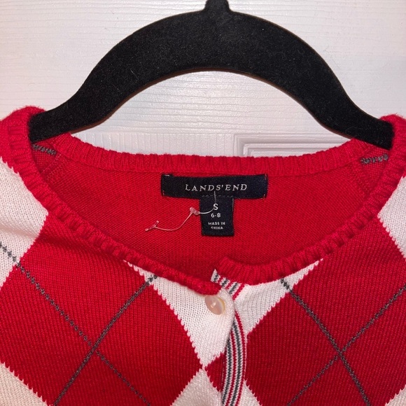 Lands' End Red and White Argyle Cardigan Small - Picture 2 of 3